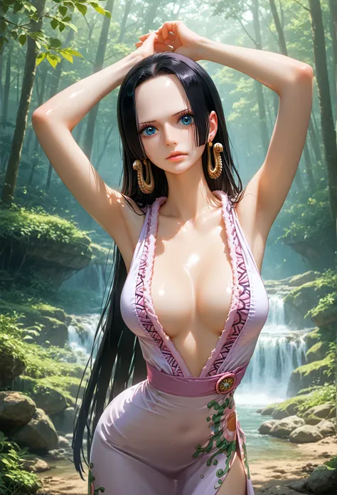 Boa hancock、 realistic drawing ， Ultra High Resolution ， Top Quality ，  best quality ，8k，RAW Photos，Very detailed， Ultra High Resolution ，( Real Japanese Woman)， whole body ，1 person， facing forward ，Early morning in the forest，Sunlight shines in， Back Lig...