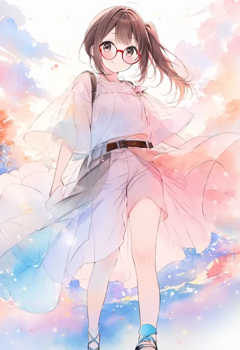 (ultra detailed:0.7), cover image, (soft pastel tones, watercolor, (bright color:1.3), transparent, gradation, harmonious and calm atmosphere:1.1), 
1girl, , Elementary school girl, brown hair, big eyes, black eyes, ((red round eyewear:1.2)), side ponytail...