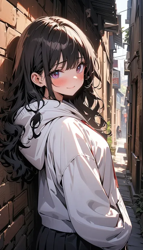 ( beautiful girl  : 1.3), 1 girl,( white hoodie, black hot pants, sneakers), black hair, wavy hair,smile,Embarrassed,blush,Narrow Alley,masterpiece, top quality, super high resolution, rich contrast, high definition,8k, High Definition CG Unit Wallpaper, t...