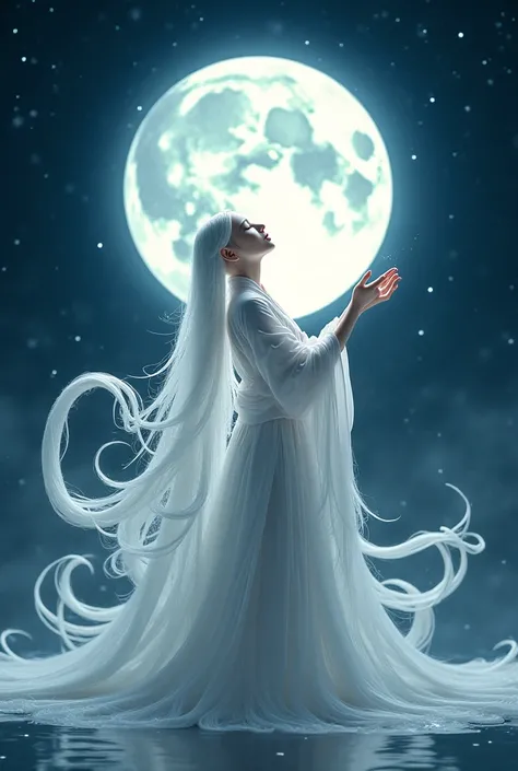 Oiran with white long hair holding the full moon with white nine tails standing under the night sky