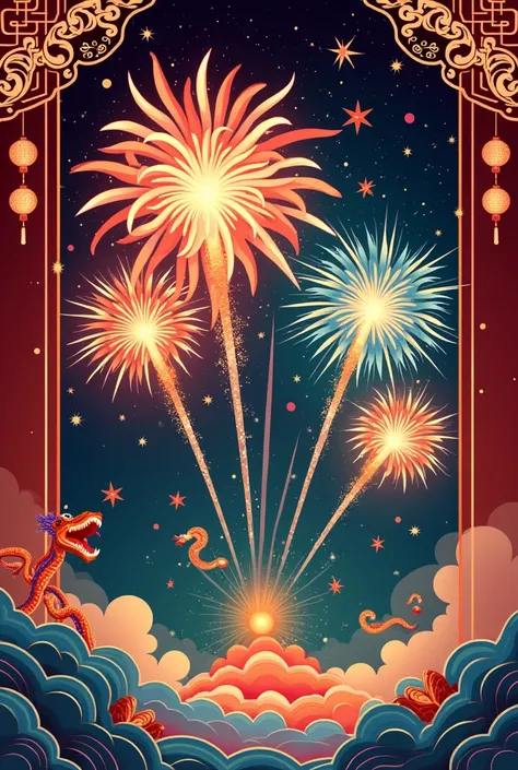 Make happy chinese new year greeting poster with fireworks and snake ornaments, create vector format