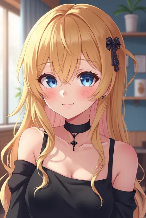 (high quality, hd, anime),detailed face,modern ,(well designed background), 1girl, shaggy blonde, long hair, dainty, sleepy blue eyes, slight smile. Upper body. Bare shoulders. Goth accessories, earrings, choker. Background cute cafe.