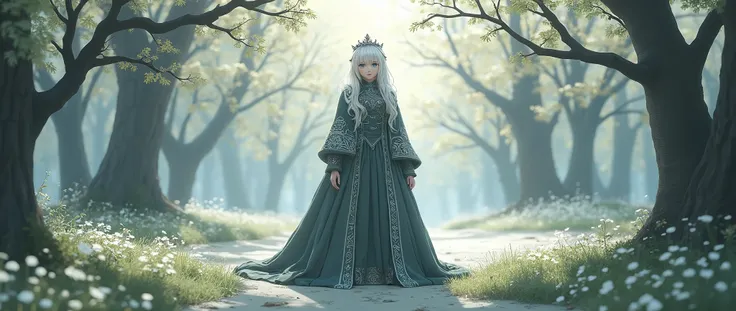  a Norwegian charcoal gray wool gown and 、Spring scenery、Anime Images、 full body image 、  full body view、 elegant pale Elegant loose waves with 、Beautiful  girl, Family Runes, like,  embroidered with healing and protection ,  with knee-high stockings , Whi...