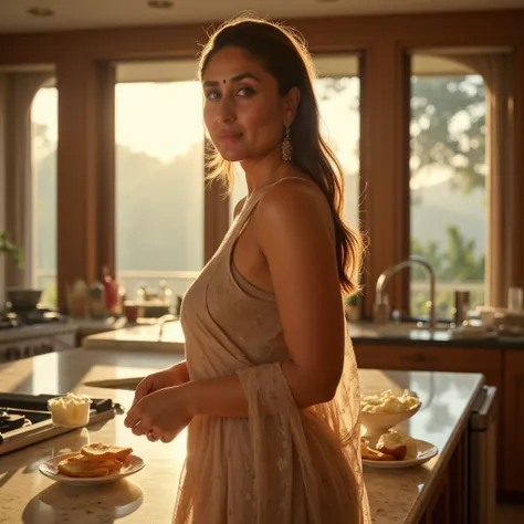 On the afternoon of December 30th, 2024, Kareena finds herself in the large, spacious kitchen of the Pataudi mansion. The sunlight streams through the vast windows, casting a golden glow over the marble countertops. She's dressed only in a kurta, which doe...