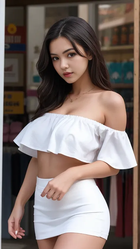 A beautiful and sexy girl with long hair, brown eyes, a sexy body with big breasts wearing a tight and sexy off-shoulder red top in white and a sexy mini skirt, and big breasts, is walking with an emo style on the edge of the shop house.