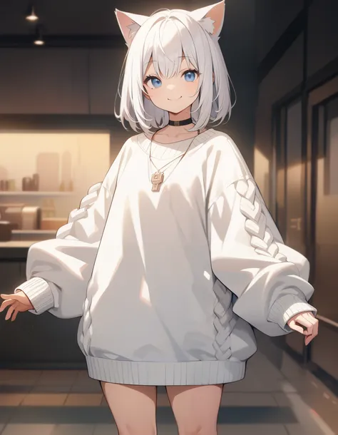  white hair、 blue eyes、 cute、 beautiful（masterpiece、 top quality）、（ girl ）、 very detailed、White cat ears、 choker、blue one-point outfit、White bob hair、whole body、(((white oversized sweater)))、 mole、 Slightly Chubby、 cute、20 years old、adult、((（smile）))、（1 pe...