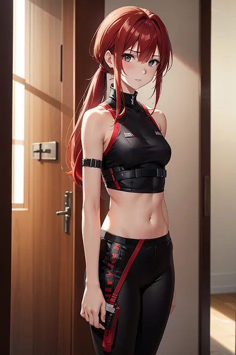  has red hair in a ponytail、Has light brown eyes 、20-year-old woman。soldier。 Slender Body with Small Breasts。 has strong, tsundere personality 。８k。 high resolution。 images of only one person 。Solo Images。An image of a detailed expression 。