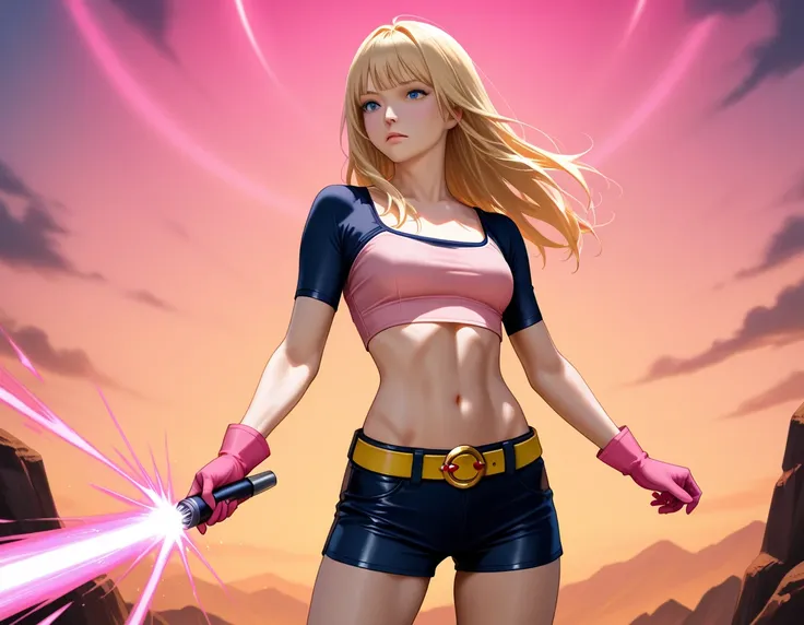 adult girl, chest length blonde hair and straight with bangs, blue eyes, slim and toned body, medium chest, tight pink crop top with scoop neckline and short sleeves, pink gloves, navel, dark blue leather shorts, yellow belt with red round jewel buckle, he...