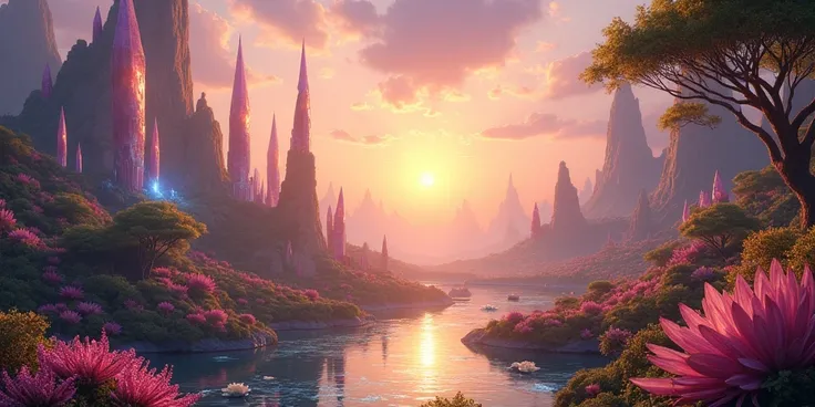 A breathtaking fantasy world at the break of dawn. The sky is painted with soft hues of lavender, peach, and gold as the sun begins to rise, casting its first rays across the land. The once darkened landscape is now illuminated, revealing glowing crystal t...