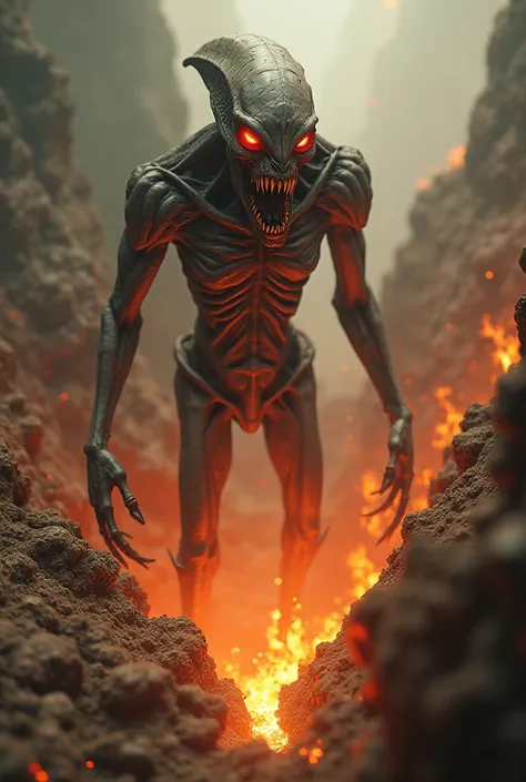 Make an alien being with a demonic appearance burning and the Earth opening up make it ultra realistic super detailed in 8k resolution