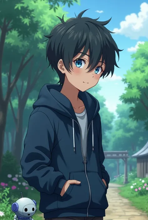 Anime of a age boy with slightly young dark hair and ash eye color, about 170 cm tall with a small robot next to him and with a dark blue dyed jacket and against the backdrop of an anime garden and only half of the body is visible