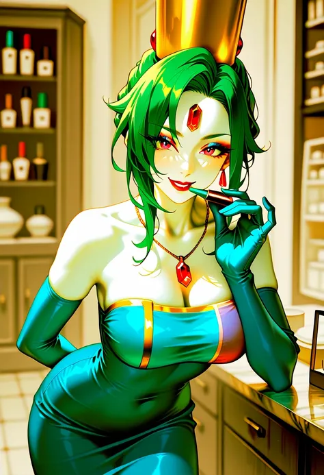   score_9,  score_8_  up,  score_7_  up, masterpiece,   high resolution,   glittering clothes  ,   1 girl, Heavy make up, ,   green hair,   white skin, Red gem on forehead, 、 I have 1 tube of lipstick near my lips, Red lipstick,   eyeshadow, long eyelashes...