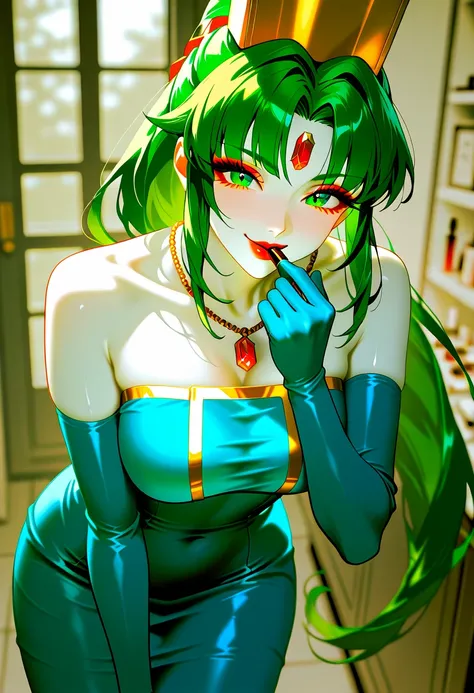   score_9,  score_8_  up,  score_7_  up, masterpiece,   high resolution,   glittering clothes  ,   1 girl, Heavy make up, ,   green hair,   white skin, Red gem on forehead, 、 I have 1 tube of lipstick near my lips, Red lipstick,   eyeshadow, long eyelashes...