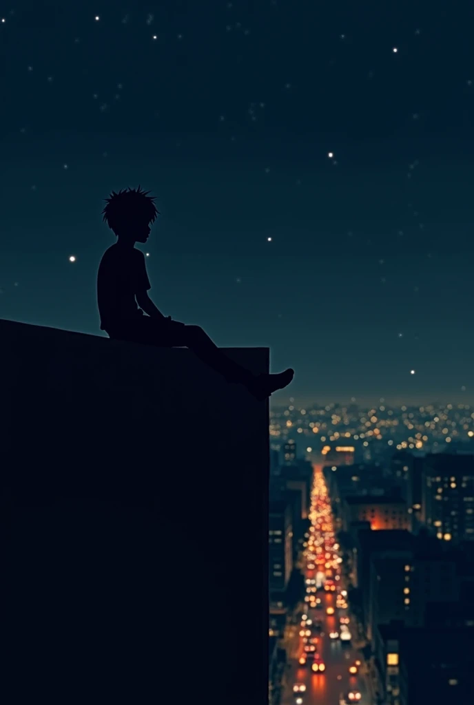 A boy sit alone in the night. The boy sit at the rooftop looking down to the street lights below. 