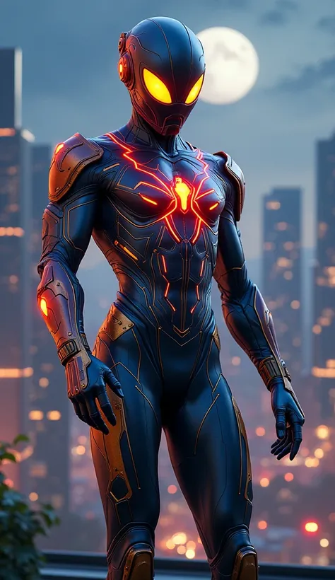 "Design an original superhero that combines the essence of agility and tech innovation. The character wears a futuristic suit with a sleek metallic finish, featuring intricate web-like patterns on the chest, arms, and legs. The color scheme includes vibran...