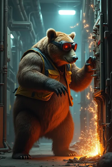 A bear wearing protective goggles and safety equipment, Exploding an electrical panel 