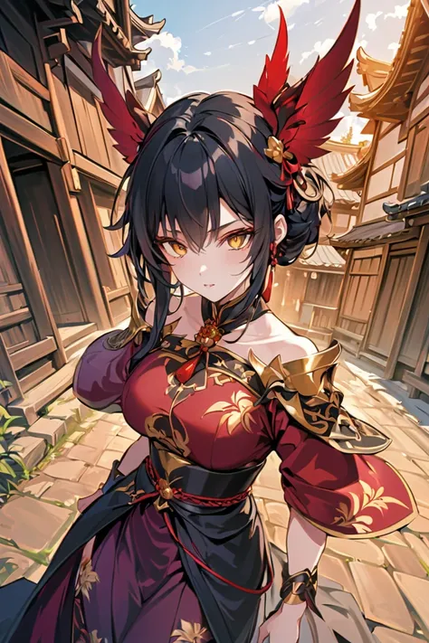 masterpiece, best quality, high resolution, dynamic angles, various angles, Japanese manga style, Japanese anime style, Western medieval fantasy style, A beautiful and mysterious woman wearing sinister ornaments of black with reddish gold inlay.