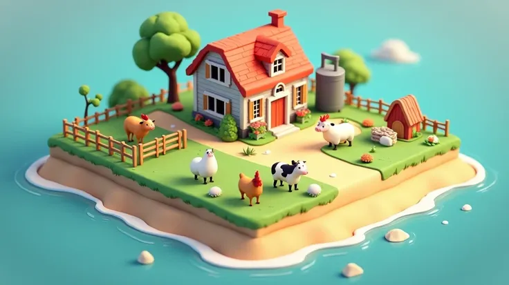 An isometric lowpoly scene from a game with the Pastels color palette, a small farm game that takes place on a rectangular island where everything is very cute 