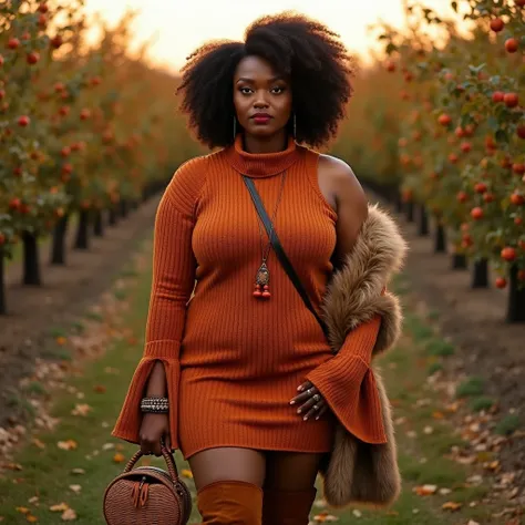 A curvaceous Black woman in a spicy autumn allure: A burnt-orange knit mini dress with a cowl neckline and long bell sleeves, the ribbed fabric hugging her silhouette. She layers it with thigh-high suede boots in caramel and a faux-fur stole. Her accessori...