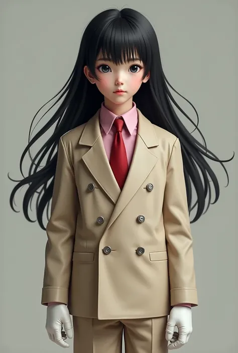 Live Action Realistic Asian Young  boy with Long Flowing Black Hair, With glowing Blue eyes, with a Blank Emotionless stare, Wearing a Beige, baggy, VERY Long Sleeved, Formal Double Breasted Suit and Red tie, Over a Long Sleeved Pink Dress Shirt, Covering ...