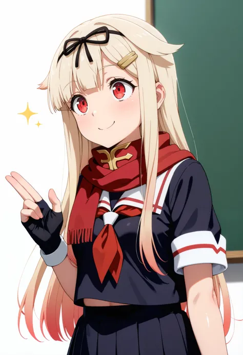  top quality,  Amazing Quality ,   very aesthetic ,   is ridiculous, Watching yuudachi _KaiNi \( fleet this\)
 1 girl, You'll deny it,   blonde hair,  gradient hair that burst into the classroom,  hair flap,  long hair,  hair bow,  hair clip,  red eyes,
Se...