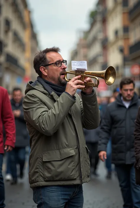 A man standing in the middle of a crowded street, holding a trumpet to his lips, playing a loud, attention-grabbing tune. His face shows a mixture of satisfaction and pride as he looks around, eager for others to notice his actions. In his other hand, he h...