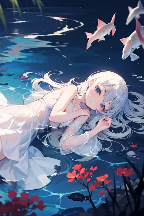  dark、 fish are swimming、A girl lying powerless like she died at the bottom of the ocean、White Hair、 long hair、ephemeral、 beautiful、 anime girl 