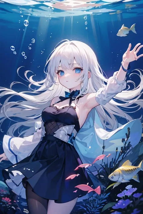  dark、 fish are swimming、A girl lying powerless like she died at the bottom of the ocean、White Hair、 long hair、ephemeral、 beautiful、 anime girl 