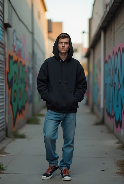 Create a professional image of a young male model, around 18 to 20 years old, wearing oversized hoodies, baggy jeans, and sneakers, posing in a graffiti-filled alley. The setting should be a neutral backdrop, with soft lighting accentuating the model's rel...