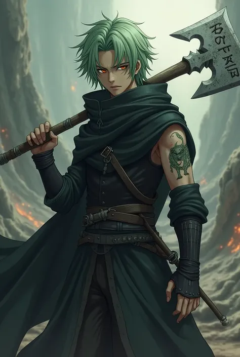 Nam Kimetsu yaiba, light green hair, Black Cloak, Wolf head tattoo with cut on right arm, dùng Rìu chiến 