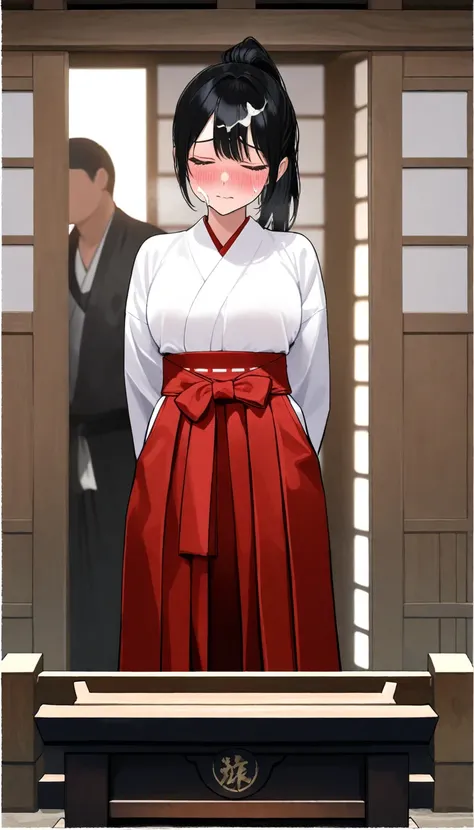 ( beautiful girl  : 1.3), 1 girl,(White and red hakama), black hair, ponytail,Embarrassed,blush, close eyes,Semen thread, semen on hair, semen on face,Dark Shrine , lines ,sound effect,masterpiece, top quality, super high resolution, rich contrast, high de...