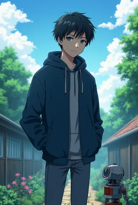 Anime of a teenage boy with slightly young dark hair and ash eye color, about 170 cm tall with a small robot next to him and with a dark blue dyed jacket and against the backdrop of an anime garden and only half of the body is visible