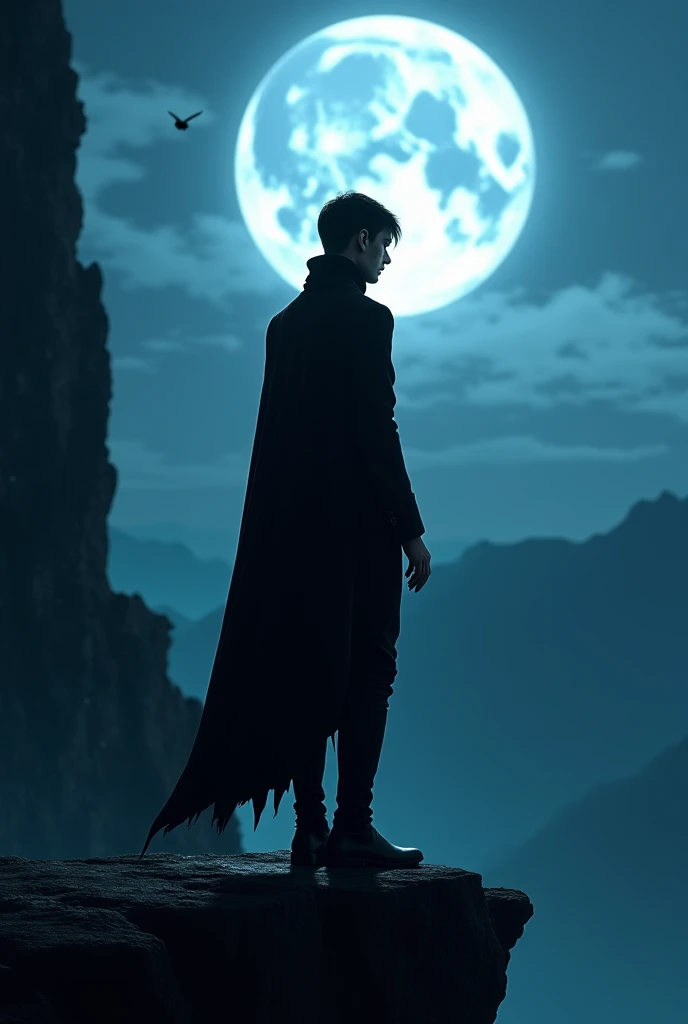 Black-haired narrow-faced elf , in clothes, reminiscent of Virgil Sparda's clothes, stands with his back on the edge of a cliff,  in moonlight. 