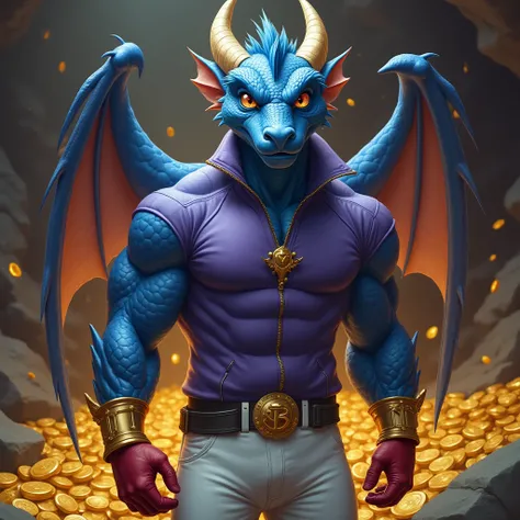  Blue muscular winged dragon furry jock in gold bracelets, wearing black boots , in white pants, in a purple long-sleeved zip-up sweater , wearing red gloves stands against the background of a pile of gold coins in a cave