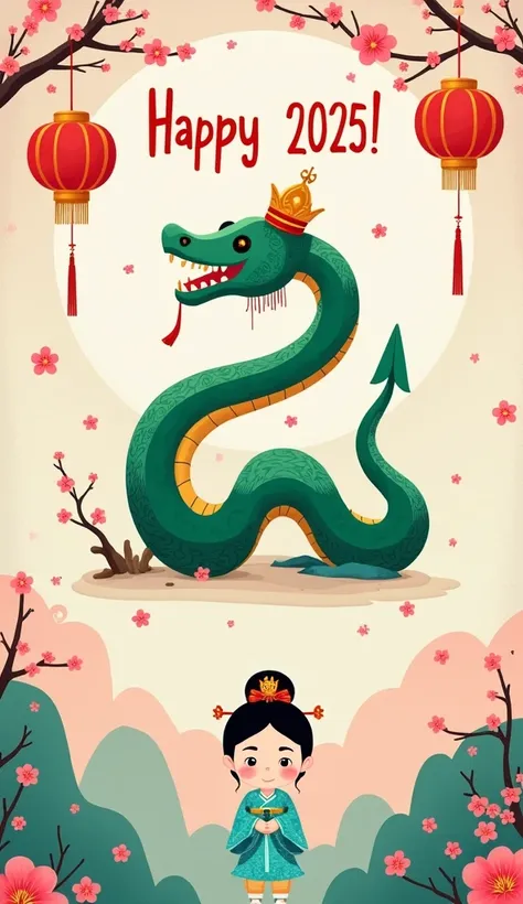 A Korean-style New Year’s card with the text "Happy 2025!" against a traditional landscape. The centerpiece is a green wooden snake with a crown, surrounded by blooming sakura branches and red lanterns. At the bottom, an image of a girl in a sky-blue and g...