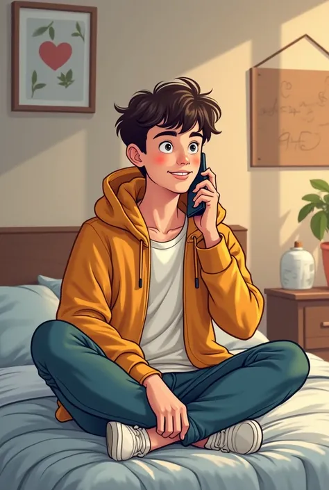 A cartoon of a male teenager aged 18, for example, talking to his girlfriend on the mobile phone and happy (A fairly distant picture. I mean, the boy answered him while he was sitting on the bed talking on the mobile phone, where were the parts of his clot...