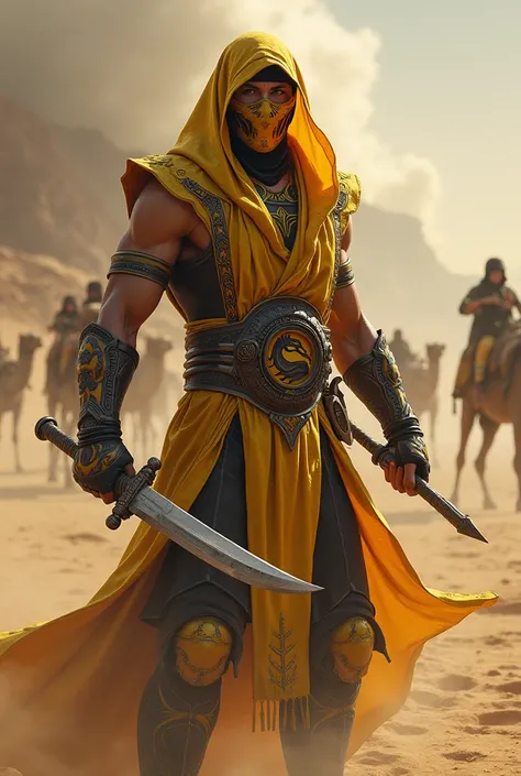 Scorpion from Mortal Kombat with yellow mask and Arab Sheikh clothing and Kunai knife in hand with sandstorms and camels around 