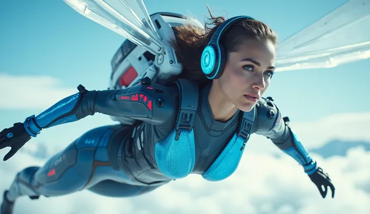 Young, beautiful, slender, muscular woman, equipped with a cyberpunk backpack jet engine and wings, wearing blue, red, and white metallic fiber combat flight suit, wearing cyberpunk headgear, flying like a hero Pose, overwhelming sense of speed, electronic...