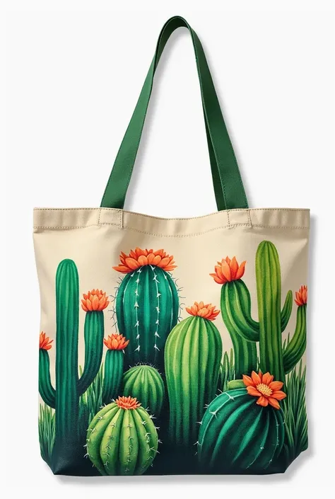 Make an image of a colorful handpainted bag With some full color Cactus