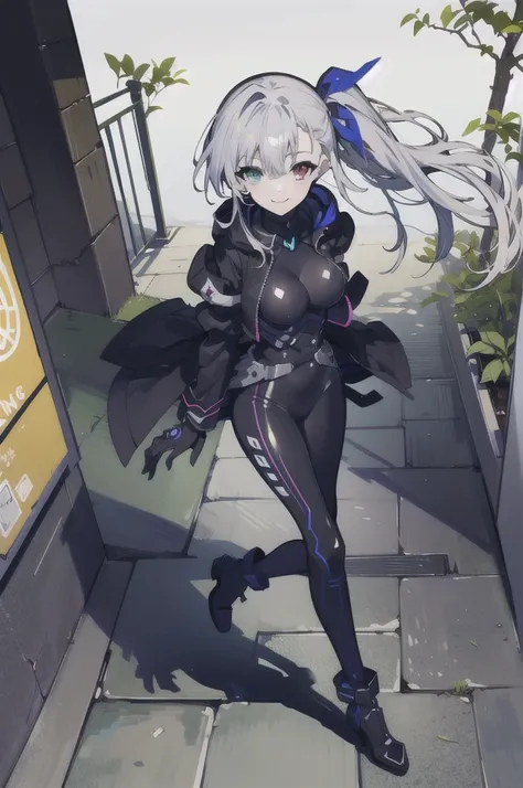 ((full body)),masterpiece,  top quality,  high resolution,  1 girl, Lived 1,   heterochromia , ribbon,  gloves,  big breasts, stupid hair, black_ BODYSUIT, black jacket, garden, sit，地面にsit，A smile with legs wide open,