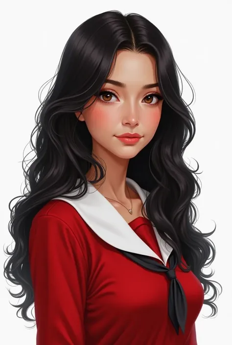 make woman  old wearing a red school uniform, 'a woman with long wavy hair that falls down to her back. Her hair is jet black, her skin is light brown, giving an exotic and alluring impression. Her eyes are sharp black but more dominant brown, this combina...