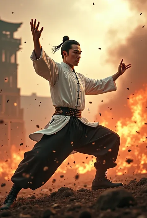 A chinese man, wearing white chinese suit, wearing black trouser, fighting kungfu pose. Background destroy village with fire, Thunder. Cinematic, ambient color, closed up photography.