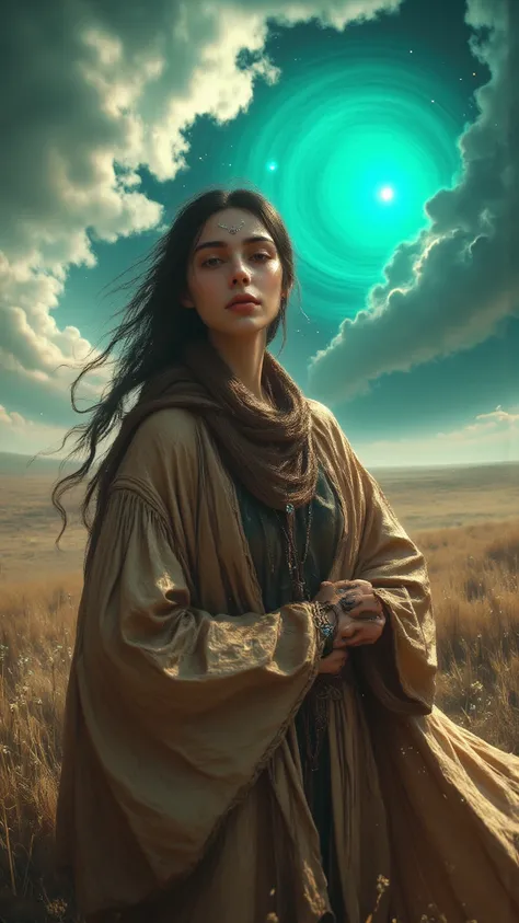 ( top quality, masterpiece),  turquoise screen filter, ( 1 girl, Alone,  Brown Robe,  expressions,  on the forehead,  sitting,  wide sleeve ,   Black Eyes,  Closed Mouth,  long hair,  cowboy shooting), (sunny, Cosmos field, cloud),