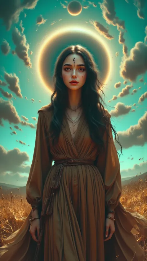 ( top quality, masterpiece),  turquoise screen filter, ( 1 girl, Alone,  Brown Robe,  expressions,  on the forehead,  sitting,  wide sleeve ,   Black Eyes,  Closed Mouth,  long hair,  cowboy shooting), (sunny, Cosmos field, cloud),