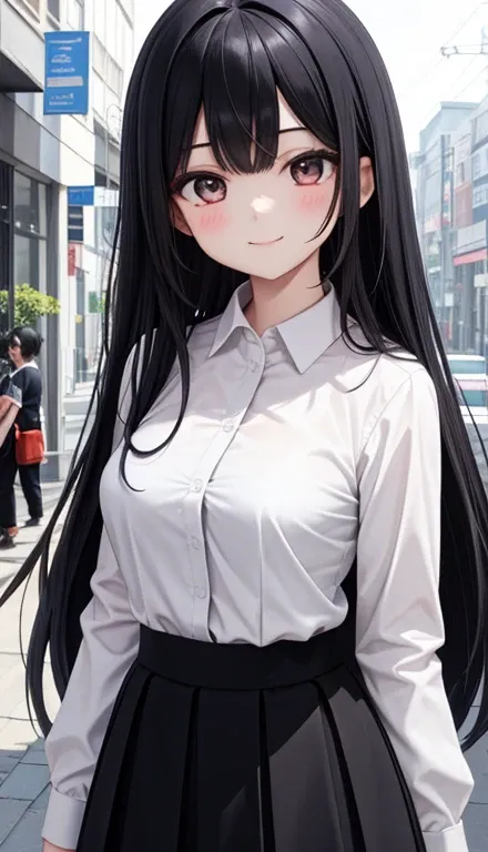  1 girl、AS-Adult、smile、 shirt、 skirt 、（ Small Boobs）、 upper body portrait、、 black hair long hair, big breasts、