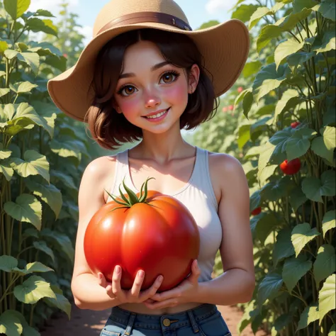 a realistic farm girl with a big tomato