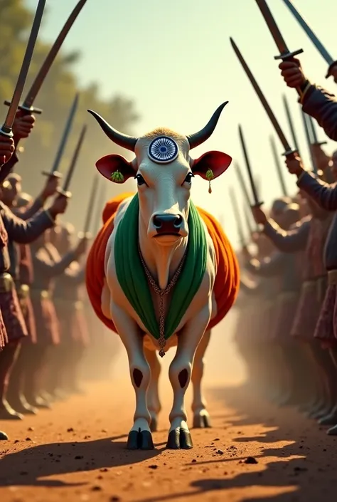 A cow India flag is standing on a road by covering its body and some people are stabbing swords