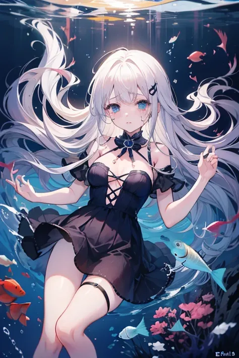 dark deep sea、 fish are swimming、A girl lies powerless like she died while shedding tears at the bottom of the ocean、White Hair、 long hair、ephemeral、 beautiful、beautiful、 anime girl 