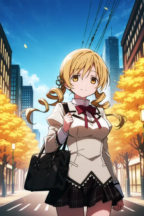   perfect anatomy、  high quality、  best image quality、,、Mami Tomoe,  blond、  Twin Tails、 White uniform（ checked mini skirt）（Red tie）、 bag、smile、street tree