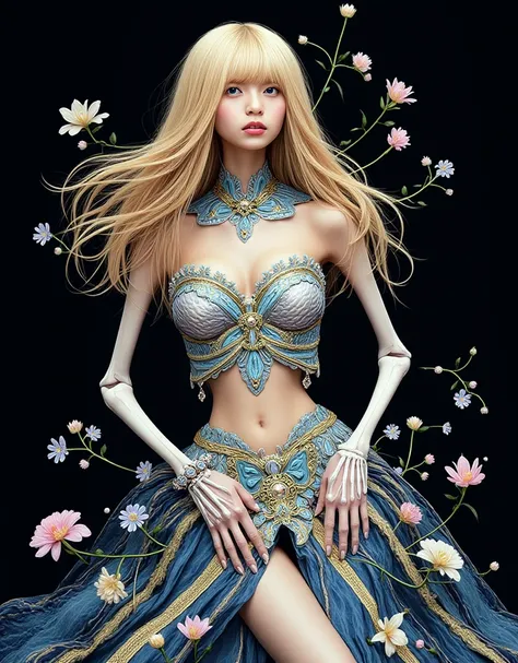 Image of flowers of hope, (skeleton like:1.3), ((female ornated princess)), (with long, flowing blonde hair), (beautiful bright blue eyes), Huge breasts, cleavage, (erect nipples), slender body, abs, curvy body, bare buttocks, trends on Art Station, flower...